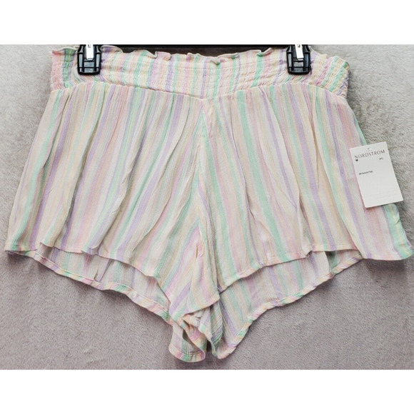 BP Pajama Shorts Women's Medium Multi Striped 100% Rayon Pleated‎ Elastic Waist - Picture 1 of 7